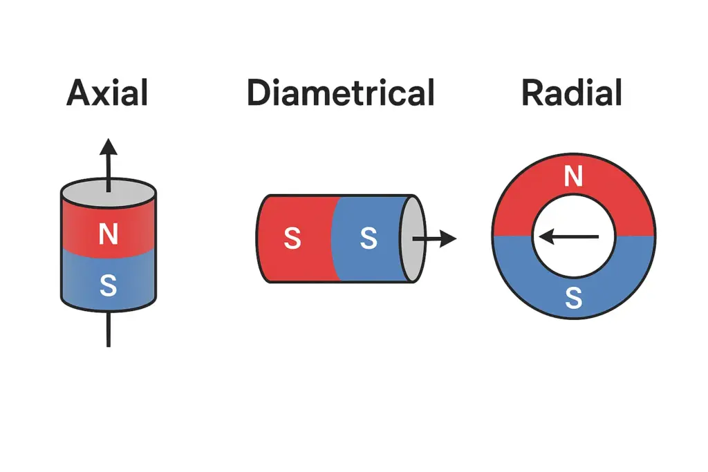 Diagramm, das die axiale, diametrale und radiale Magnetisierungsrichtung in verschiedenen Magnetformen zeigt.