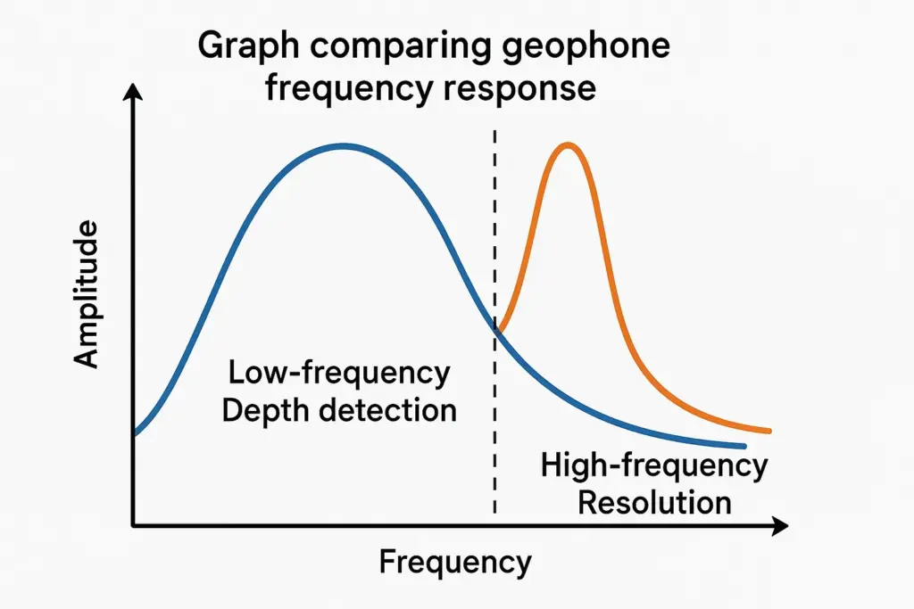 Graphique comparant la réponse en fréquence du géophone montrant la détection de profondeur à basse fréquence par rapport à la résolution à haute fréquence