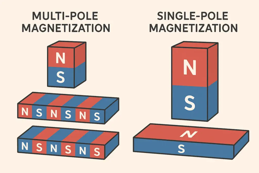 Abbildung zum Vergleich der einpoligen und mehrpoligen Magnetisierung auf Magnetblöcken und -platten.