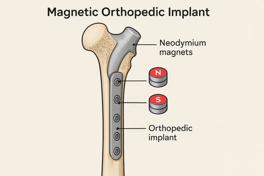 Imanes de neodimio utilizados en implantes ortopédicos para favorecer la curación ósea.
