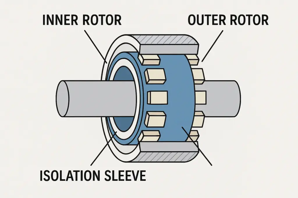 Schéma de la structure de couplage magnétique avec rotor intérieur, rotor extérieur et manchon d'isolation pour le transfert de couple