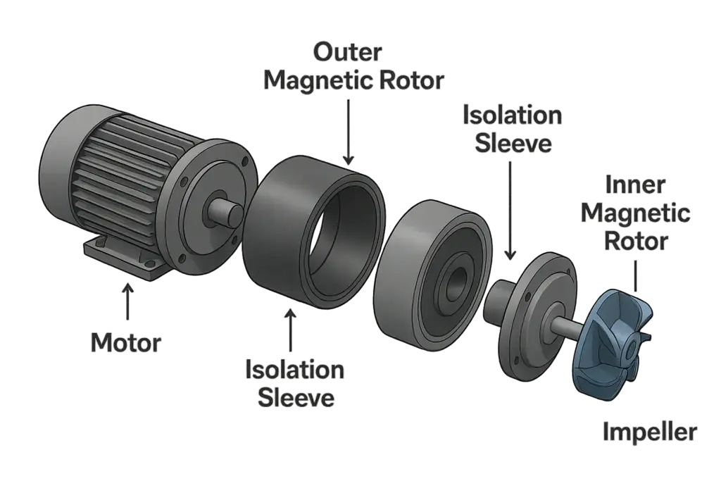 Diagrama despiezado de la estructura de la bomba magnética, incluidos los rotores exterior e interior y el manguito de aislamiento.