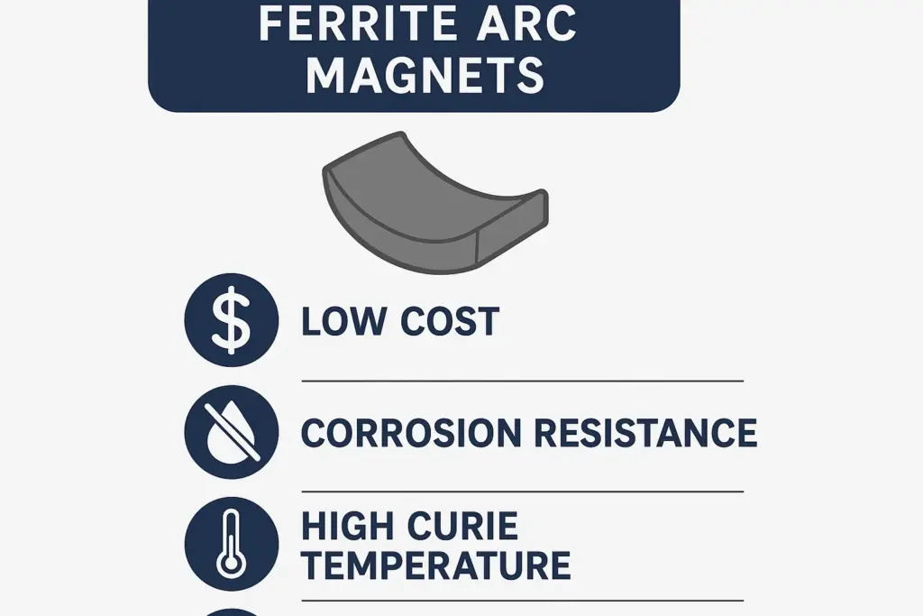 Vantagens dos ímãs de arco de ferrite, incluindo baixo custo e infográfico de resistência à corrosão.