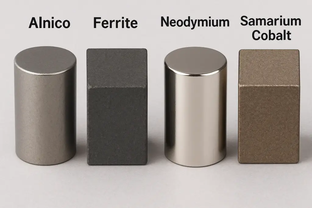 Comparaison du lustre et de la couleur des aimants Alnico par rapport aux aimants en néodyme, ferrite et samarium cobalt