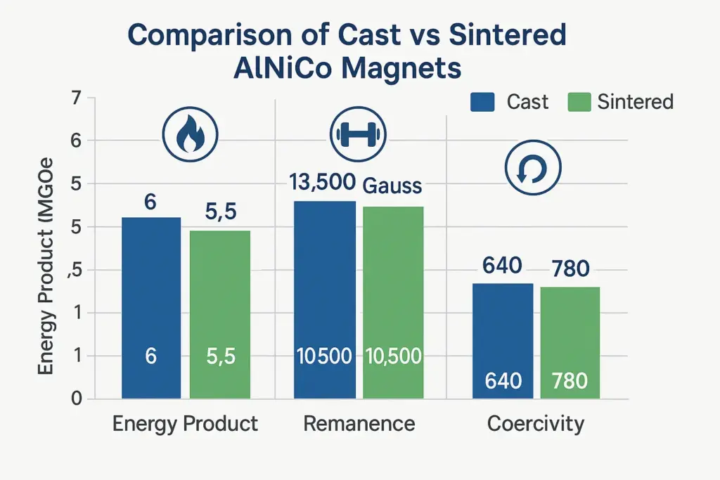 Cuadro comparativo de imanes de AlNiCo fundidos y sinterizados. Diferencias en producto energético, remanencia y coercitividad.