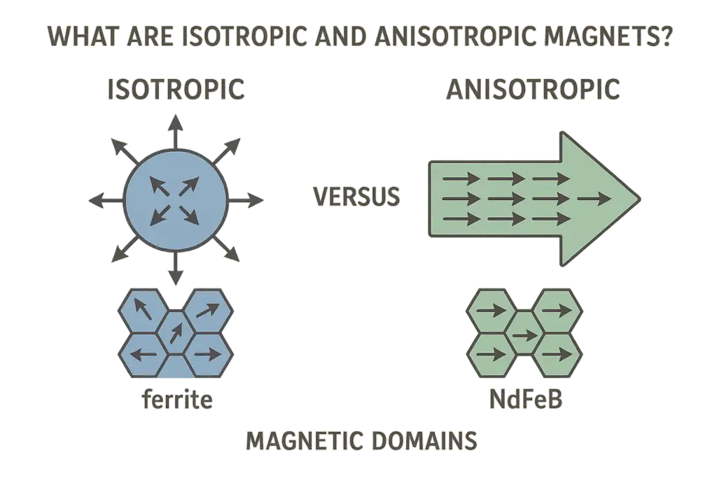 Comparaison des aimants isotropes et anisotropes, montrant une distribution magnétique uniforme et une orientation préférée