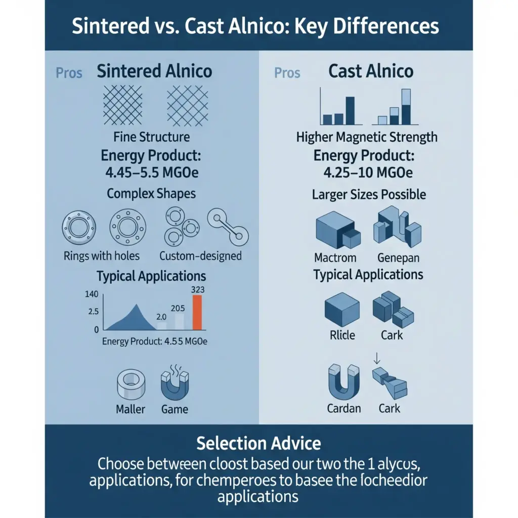 Différences entre les aimants Alnico frittés et coulés Comparaison infographique de la résistance, de la production et des applications.