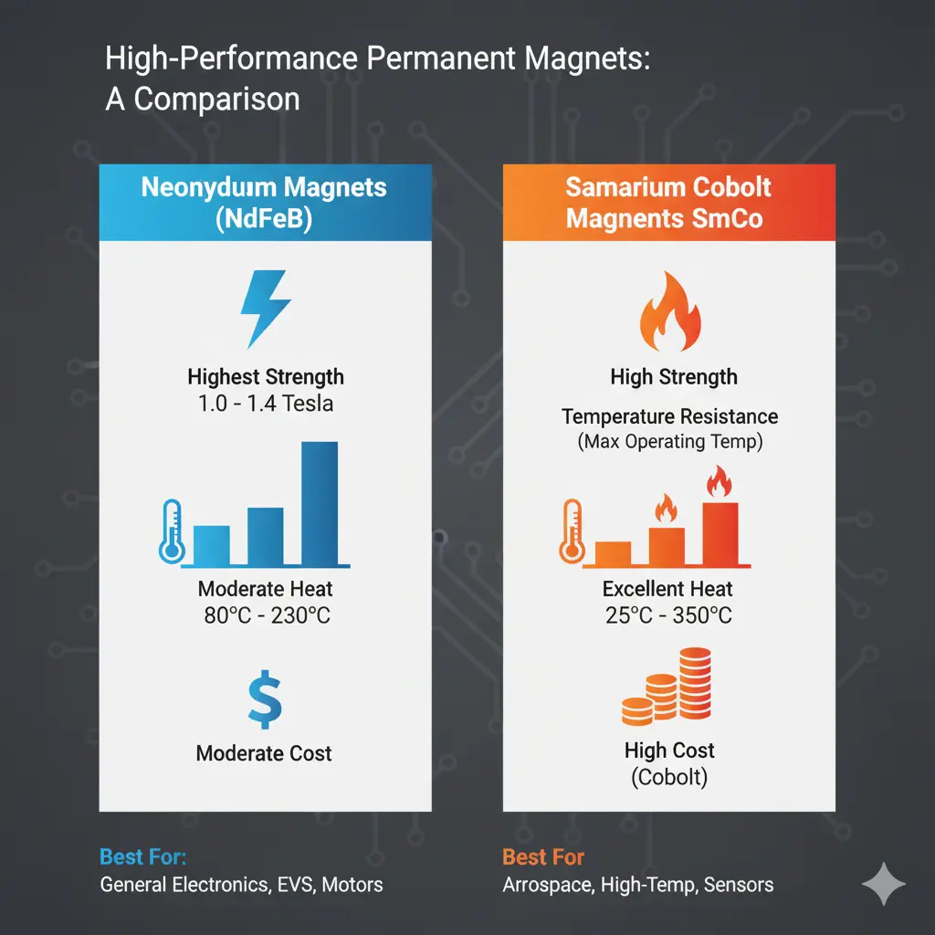 Infografik zum Vergleich der wichtigsten Leistungskennzahlen von Neodym- und Samarium-Kobalt-Magneten (Stärke, Temperaturbeständigkeit, Kosten).