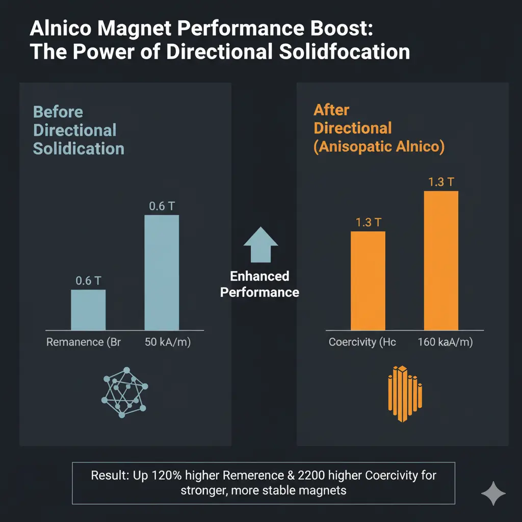 Infografía que compara las propiedades magnéticas (coercitividad, remanencia) de los imanes de Alnico antes y después de la solidificación direccional.