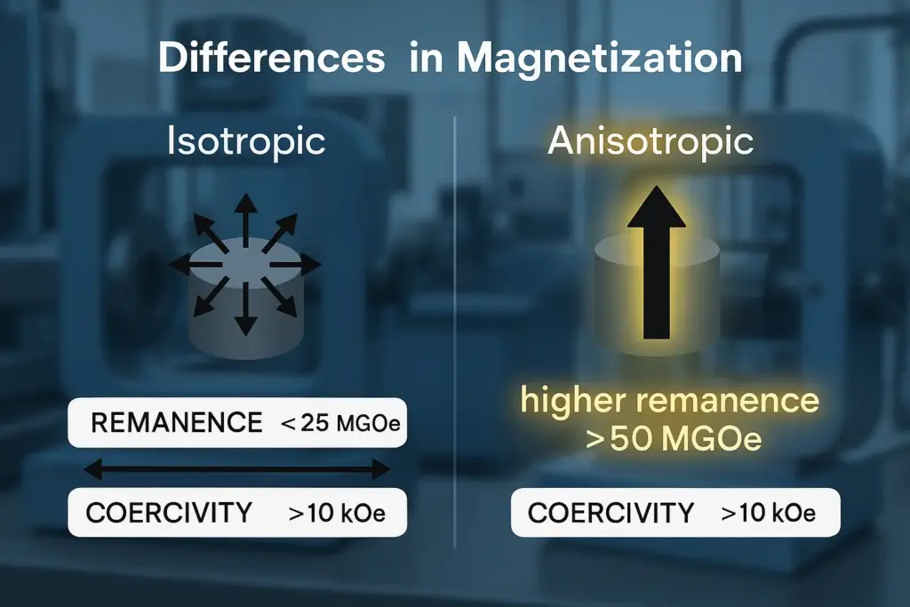 Différences de magnétisation : les aimants isotropes sont flexibles dans plusieurs directions, tandis que les aimants anisotropes atteignent une rémanence et une coercivité élevées le long d'un axe préféré.