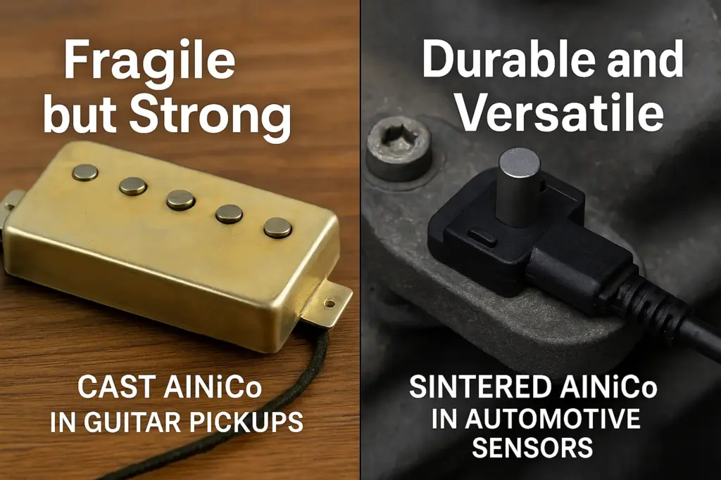 Ejemplos del mundo real de AlNiCo fundido en pastillas de guitarra frente a AlNiCo sinterizado en sensores automotrices. Durabilidad y usos.