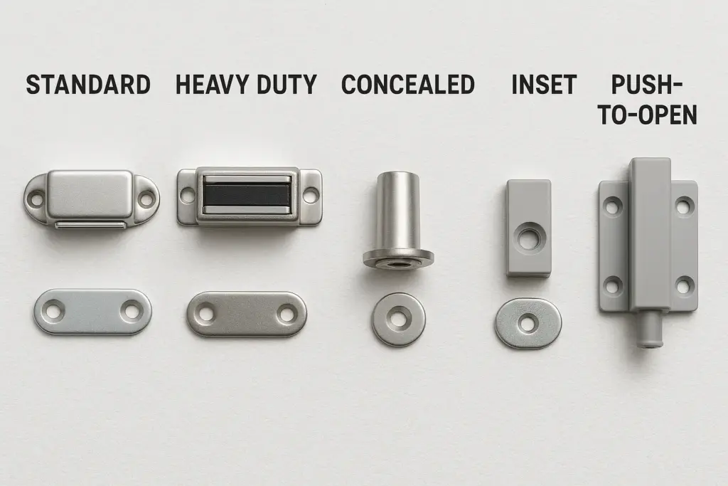 Nebeneinanderstellung verschiedener Typen magnetischer Türverschlüsse, einschließlich Standard-, Hochleistungs- und verdeckter Ausführungen.