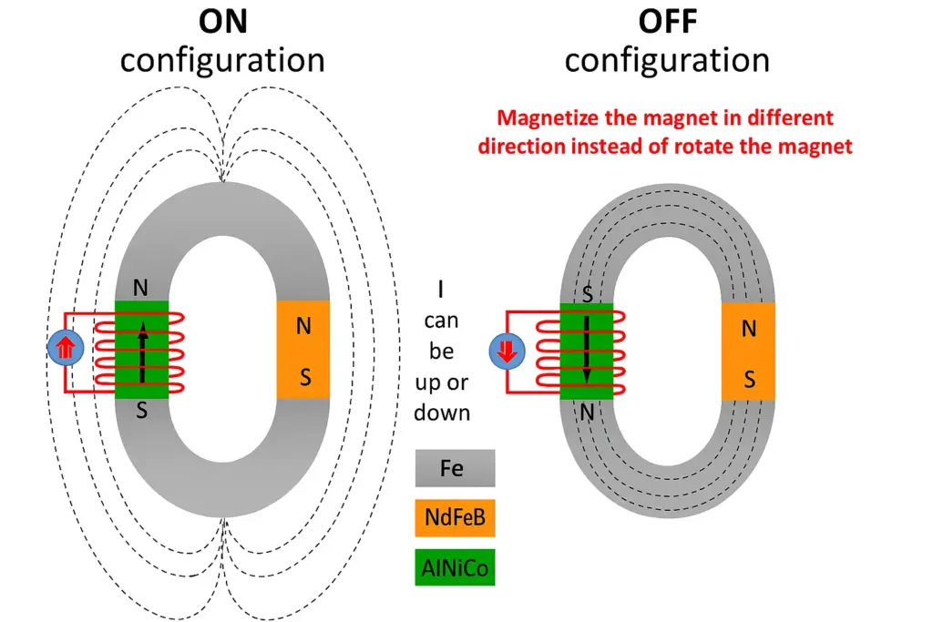 Vergleich des Elektropermanentmagneten im Ein- und Aus-Zustand, der die Magnetisierungsausrichtung zeigt