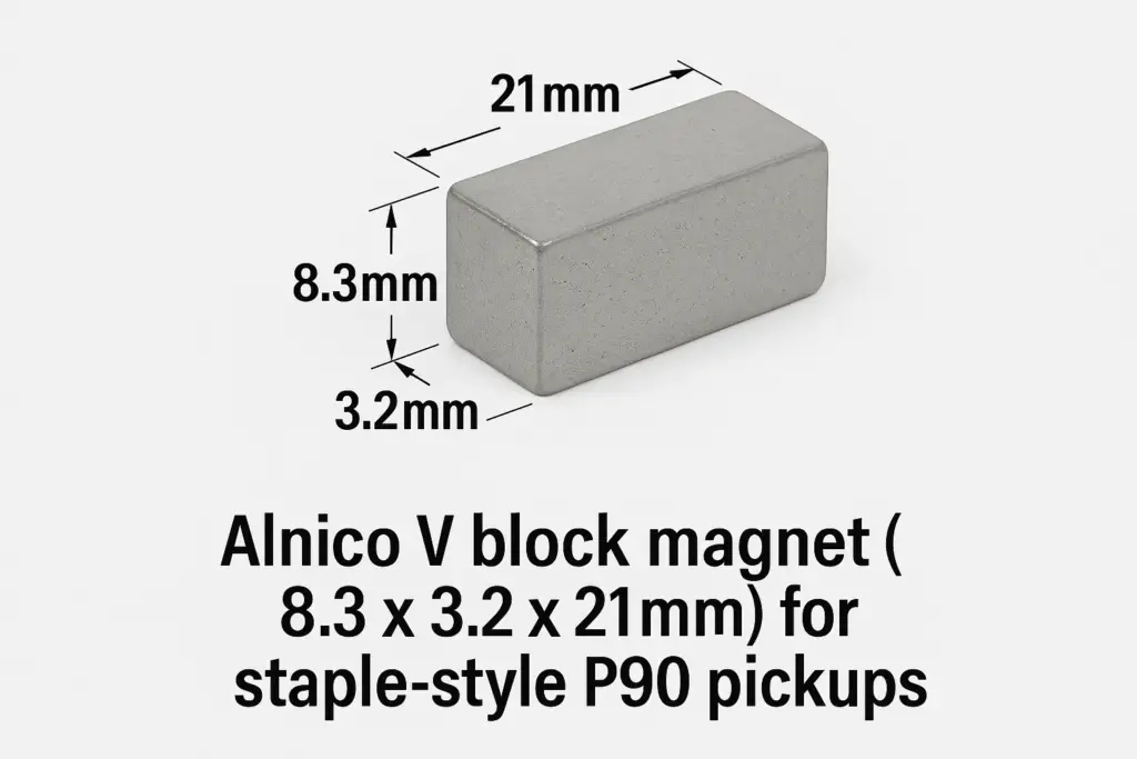 Aimant bloc Alnico V (8,3 x 3,2 x 21 mm) pour micros P90 de type agrafe