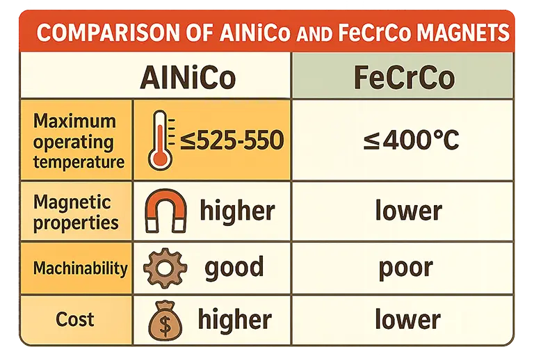 Infographie comparant les propriétés clés des aimants AlNiCo et FeCrCo, notamment la stabilité de la température et l'usinabilité