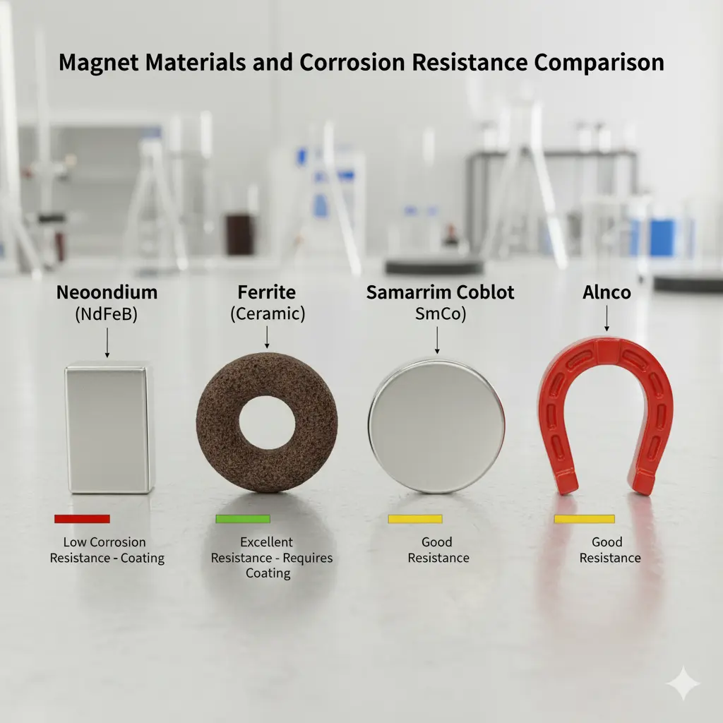 Comparaison des aimants en néodyme, ferrite, samarium cobalt et alnico avec les niveaux de résistance à la corrosion