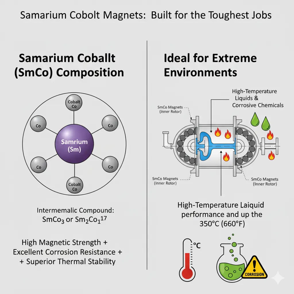 Diagramm der Zusammensetzung und Verwendung von Samarium-Kobalt-Magneten in Hochtemperatur-Magnetpumpen