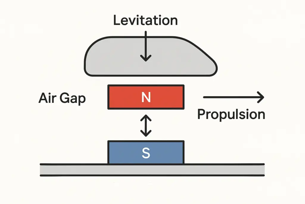 Diagramme montrant les principes de sustentation magnétique et de propulsion dans les trains à sustentation magnétique