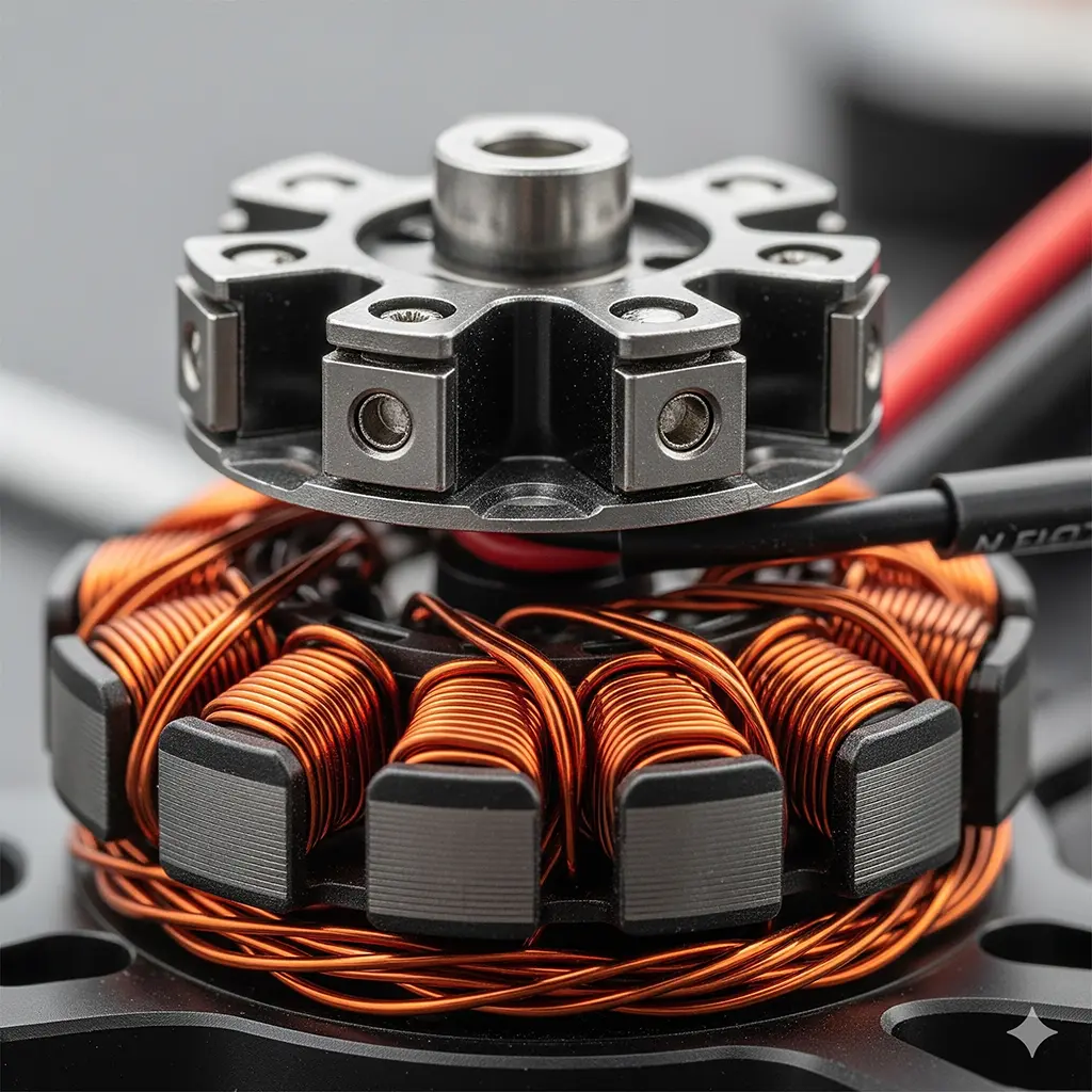 Gros plan d'un moteur de drone sans balais, montrant les bobines de fil de cuivre enroulées autour du stator et du rotor central avec des aimants.