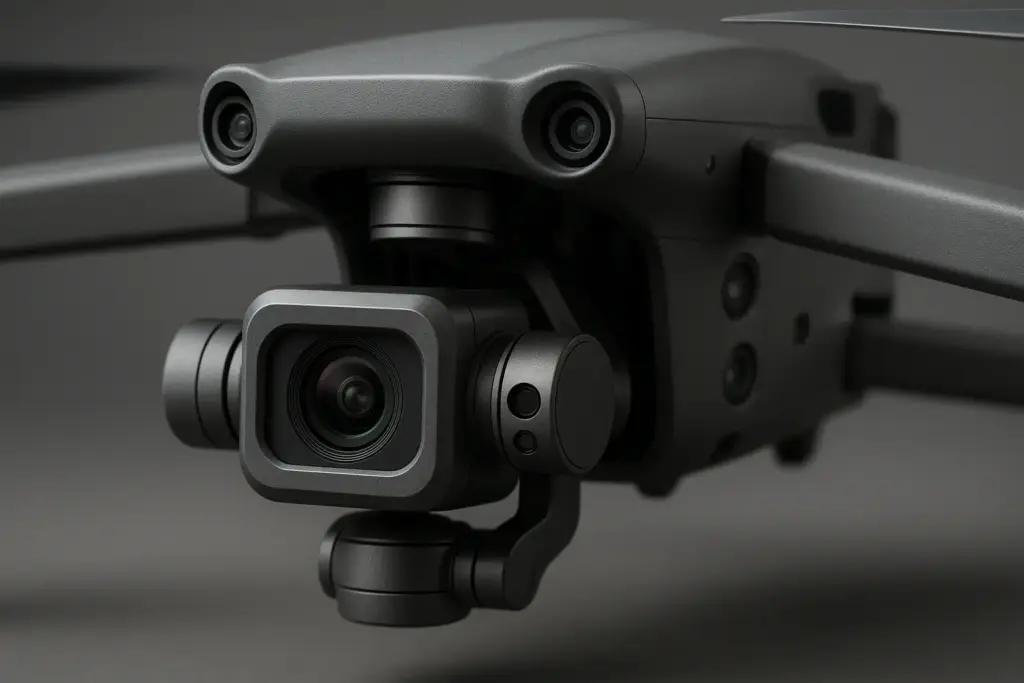 Un cardan de caméra à trois axes sur un drone, montrant les moteurs et les capteurs qui maintiennent la caméra stable.