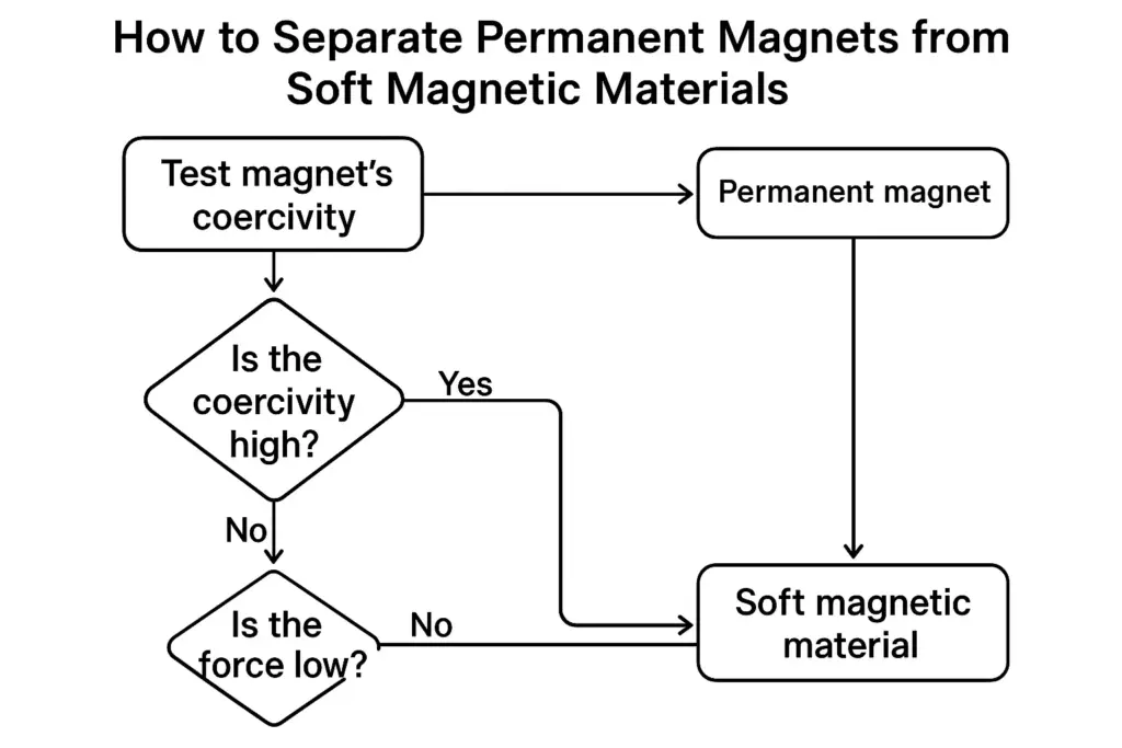 Organigramme permettant de distinguer les aimants permanents des aimants souples à l'aide de tests de coercivité et de tests d'arrachement