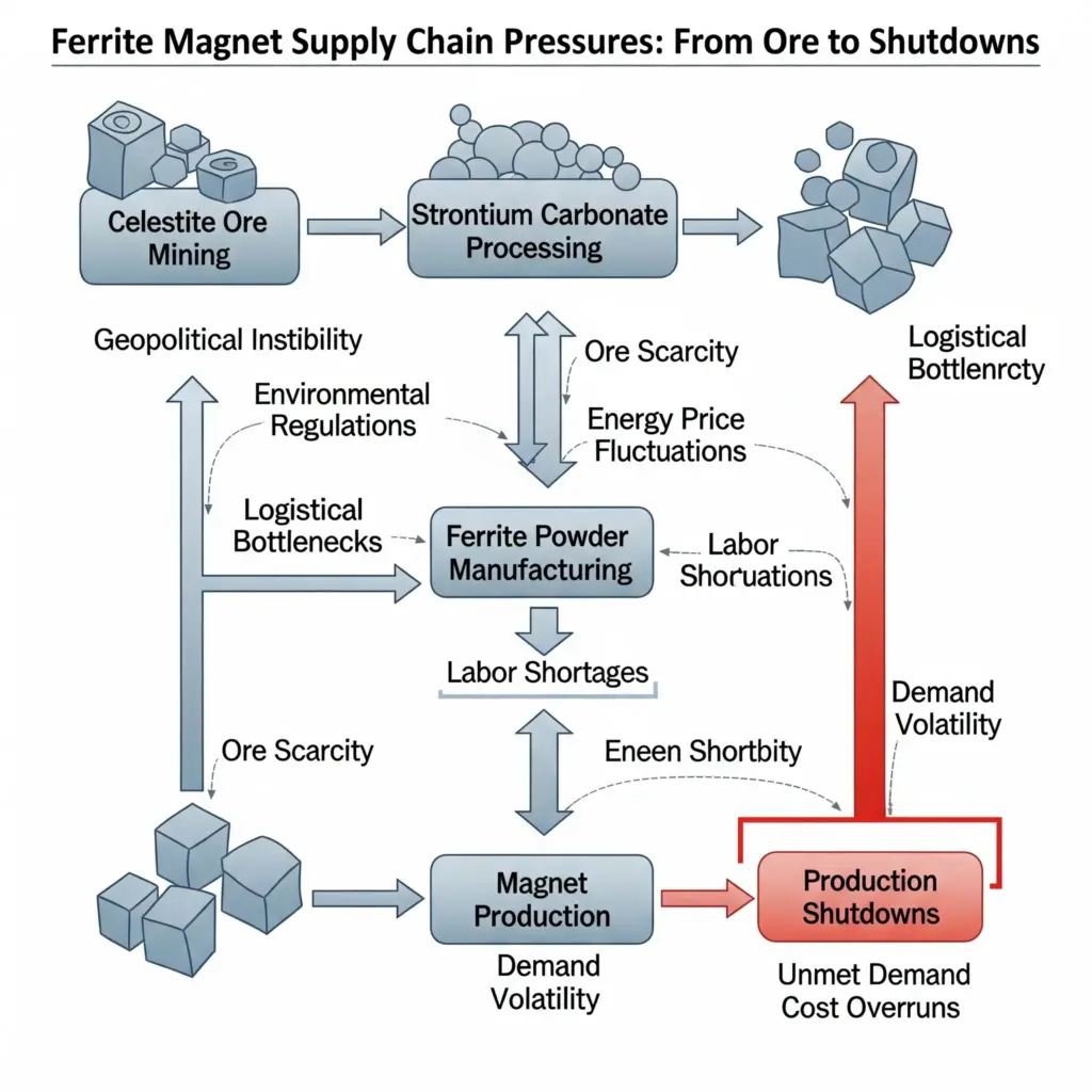 Organigramme illustrant les pressions exercées sur la chaîne d'approvisionnement des aimants en ferrite, du minerai de célestite aux arrêts de production.
