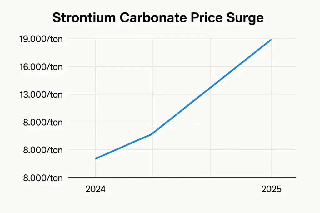 Graphique linéaire de la flambée des prix du carbonate de strontium de 8 000 tonnes en 2024 à 19 000 tonnes en 2025