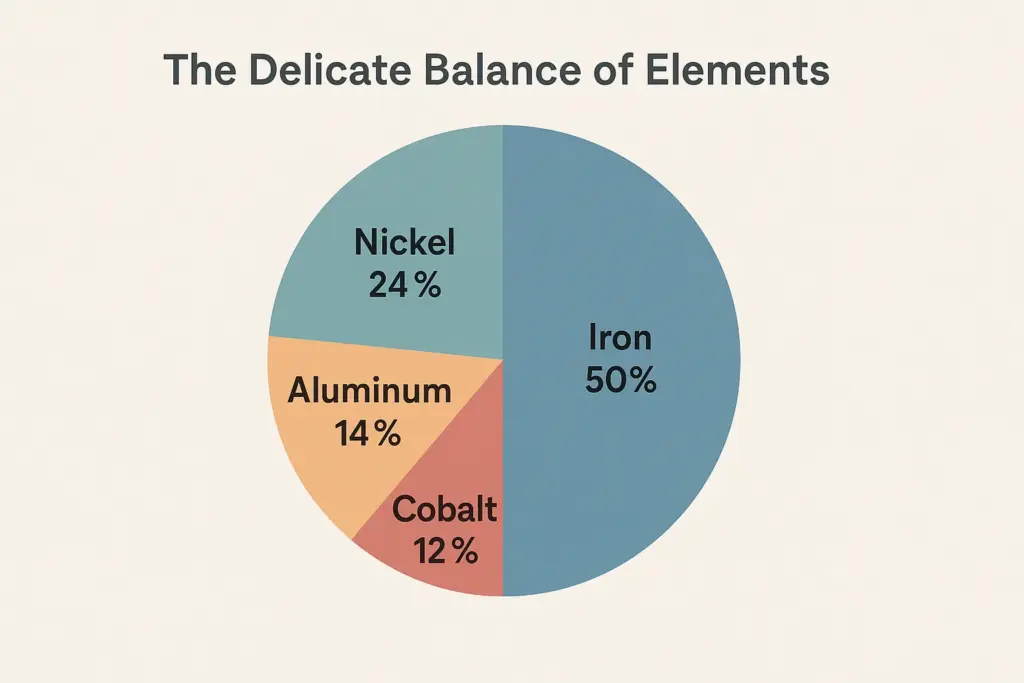 Diagramme à secteurs illustrant l'équilibre délicat des éléments dans les aimants Alnico