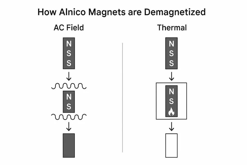Schéma étape par étape de la démagnétisation des aimants Alnico à l'aide d'un champ alternatif et de méthodes thermiques