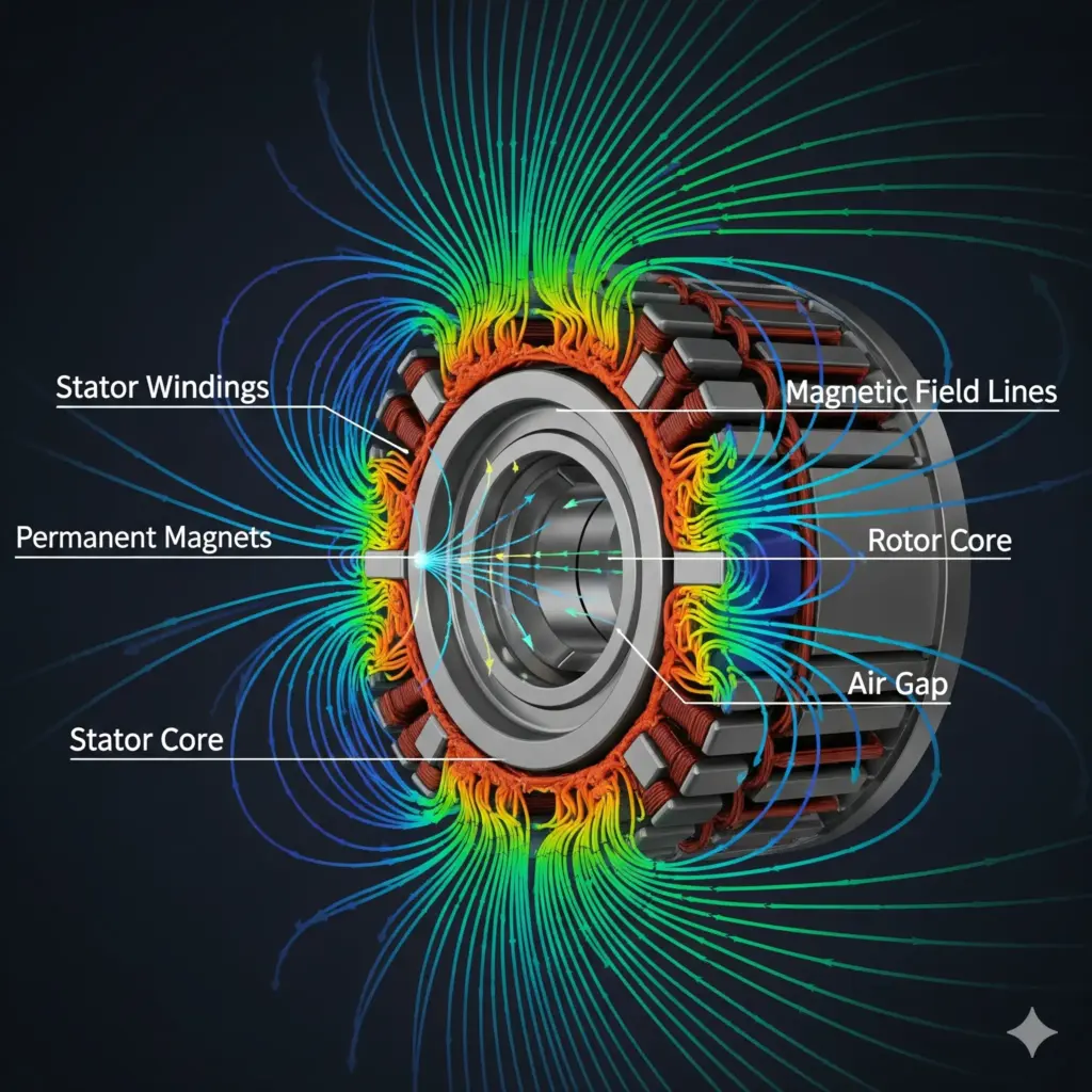 Coupe transversale d'un moteur synchrone à aimant permanent dans les véhicules électriques montrant des champs magnétiques