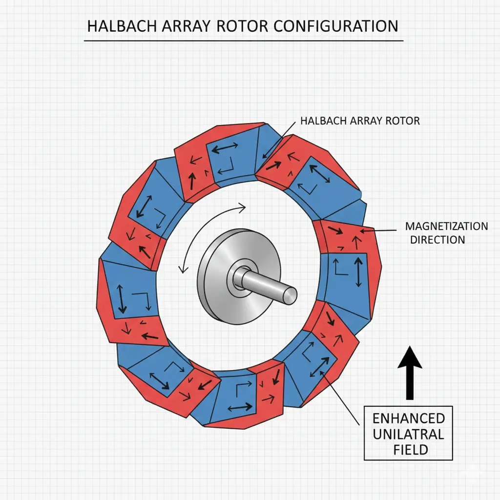 O projeto de rotor com ímãs em arranjo Halbach aprimora a concentração do campo magnético em motores.
