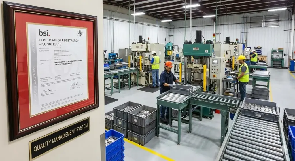 Fábrica de produção de ímãs com certificação ISO 9001 e sistema de gestão da qualidade documentado.