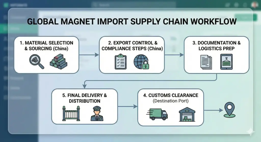 Diagrama que ilustra el proceso de principio a fin de la importación de imanes desde China: selección de materiales, pasos de control de exportación, documentación, despacho de aduanas y entrega.
