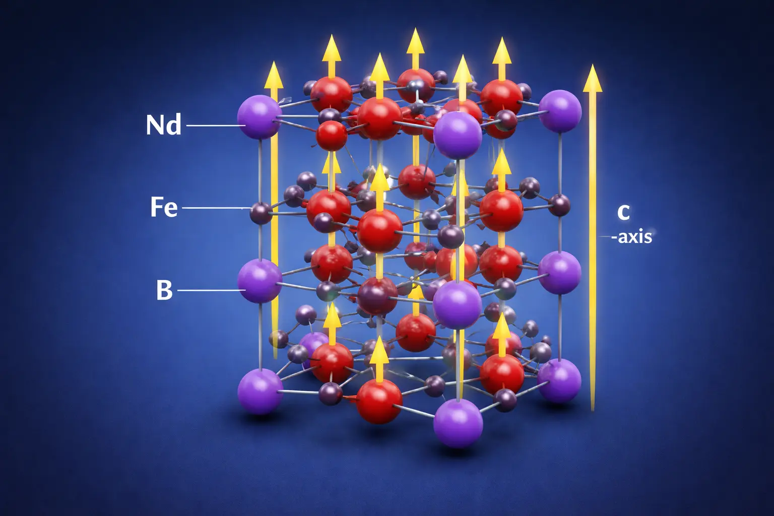 3D-Illustration der Nd₂Fe₁₄B-Kristallstruktur, die die magnetische Anisotropie entlang der c-Achse zeigt.