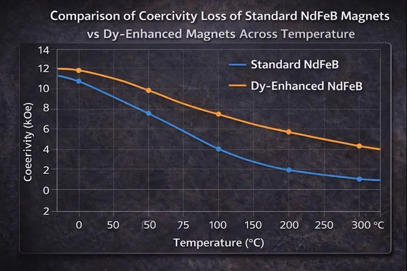 Vergleich der Koerzitivfeldstärke in Abhängigkeit von der Temperatur für Standard-NdFeB-Magnete und mit Dysprosium angereicherte NdFeB-Magnete