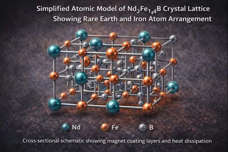 Kristallstruktur von Nd₂Fe₁₄B, die Neodym-, Eisen- und Boratome in NdFeB-Dauermagneten zeigt