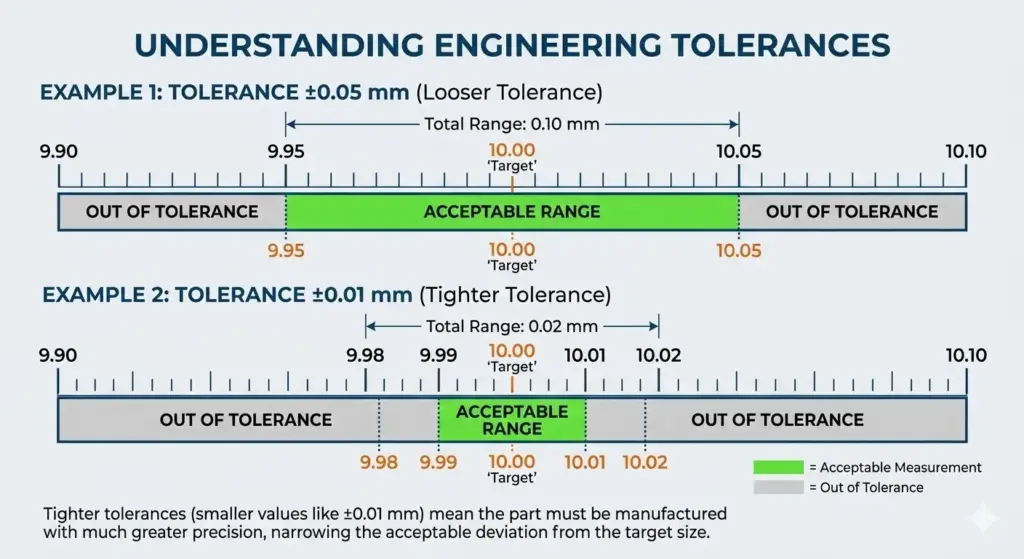 Engineering diagram showing dimensional tolerance ranges ±0.05 mm vs ±0.01 mm for magnets