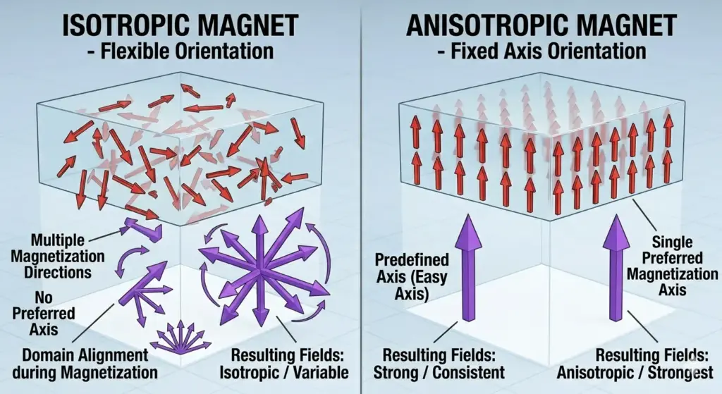 Flexibilidad en la dirección de magnetización en imanes isotrópicos frente a orientación fija en imanes anisotrópicos.