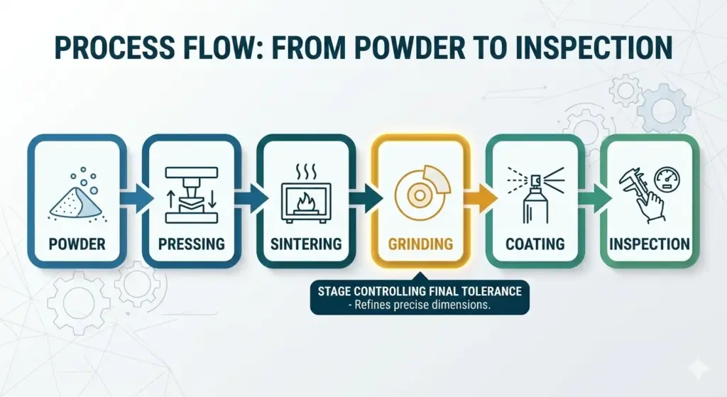 Sintered magnet manufacturing process showing grinding step for dimensional tolerance control