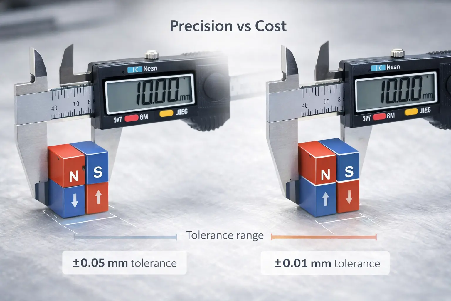 Precision caliper measuring permanent magnet thickness showing ±0.05 mm and ±0.01 mm tolerance comparison