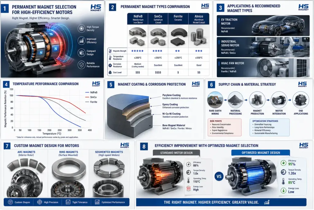 Aplicaciones de motores eléctricos que utilizan diferentes tipos de imanes permanentes en sistemas industriales y de climatización para vehículos eléctricos.