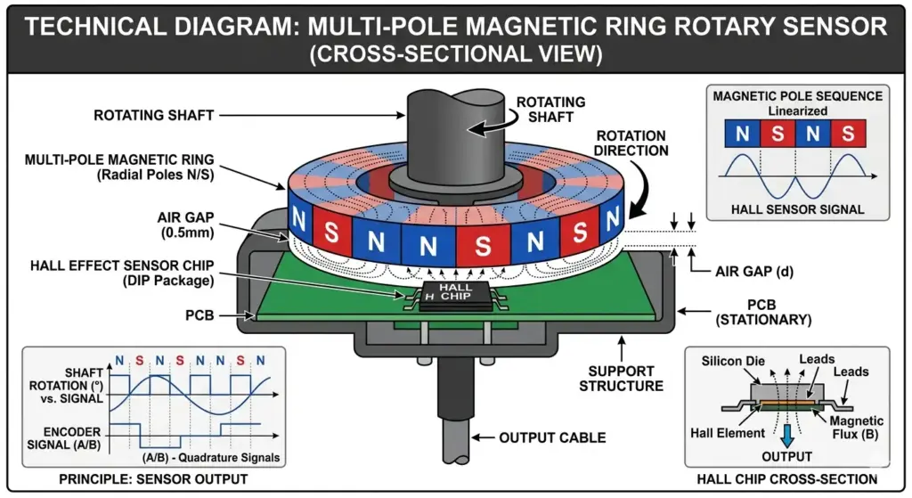 Diagramm eines mehrpoligen Magnetrings, der in einem Drehpositionssensor mit Hall-Effekt-Sensor verwendet wird