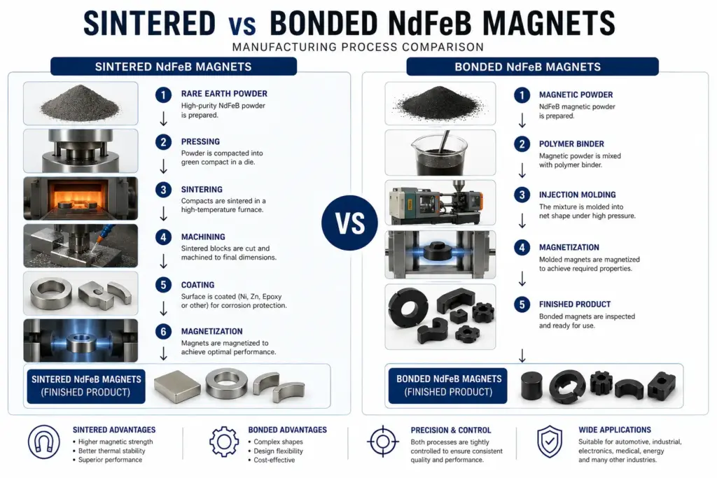 Manufacturing process comparison of sintered and bonded NdFeB magnets
