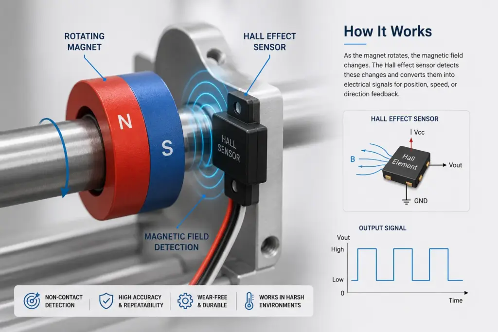 Hall effect magnetic sensor working with a neodymium magnet